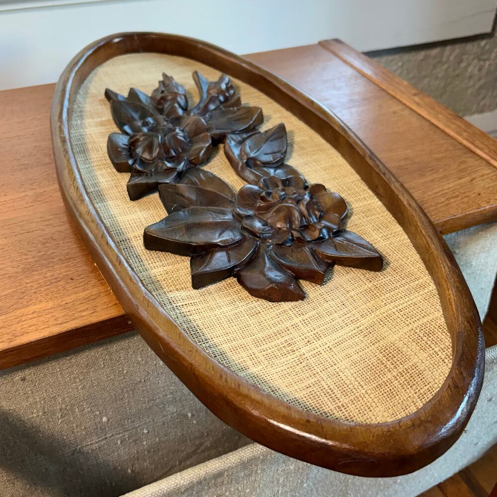 Vintage Carved Wood Floral Wall Plaque on Burlap Backing, Mid Century Decor